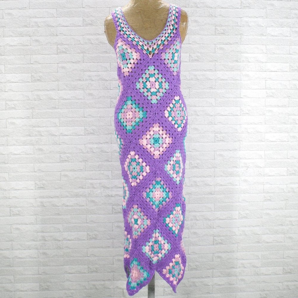 HAND CRAFTED Crochet Granny Square Sleeveless Midi Handmade Lavender XL